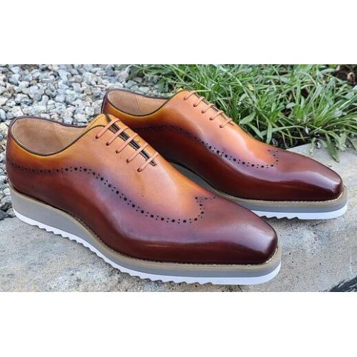 Carrucci Cognac / Rust Calfskin Rubber Soled Wholecut Oxford Shoes KS515-33T